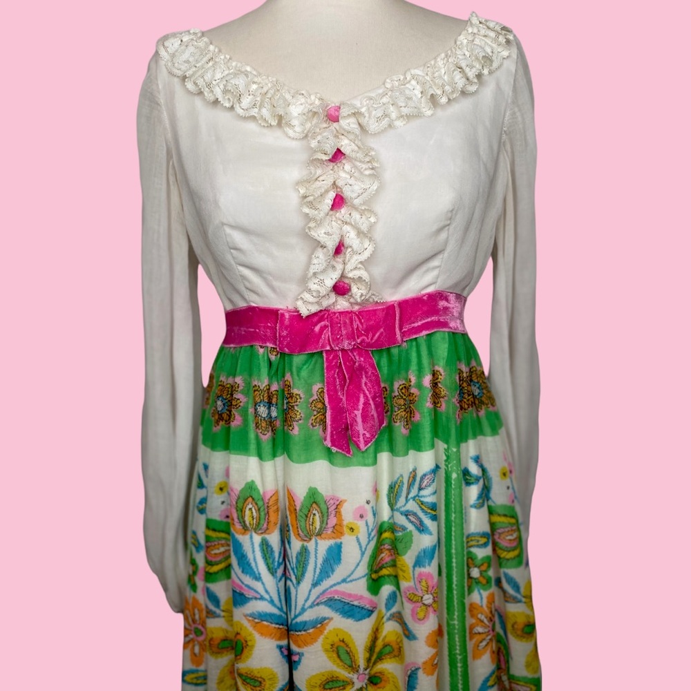 1960s Vintage Dolly Maxi Dress with Lace Ruffles, Pink Velvet Bow